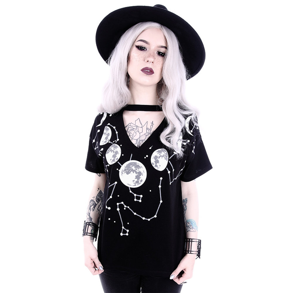 Restyle - Moon Phases v-neck T-shirt Femme - Noir